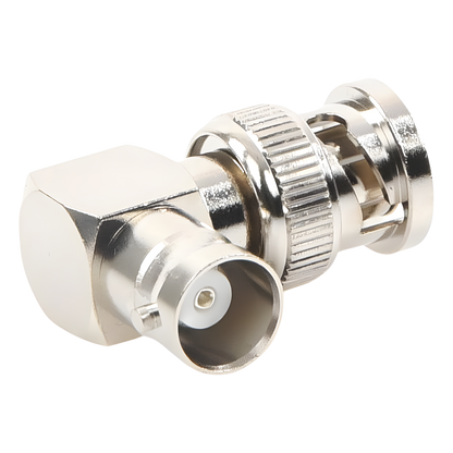 Adaptador RF en Ángulo Recto / Conector BNC Macho a BNC Hembra / 50 Ohm / Cuerpo Bronce Níquel / Contacto Plata / Aislante Teflón