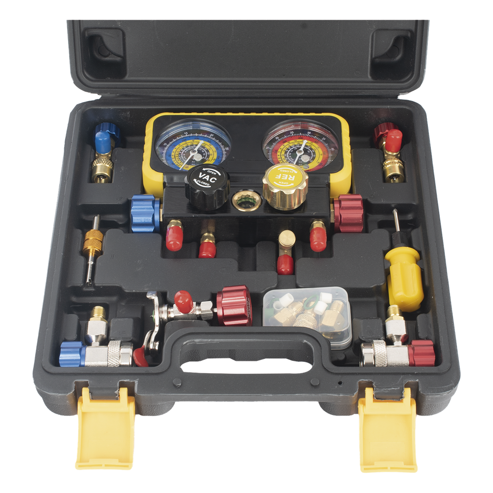 Manómetro de 4 vías con Accesorios para Gas refrigerante R410A/ R32/ R134A/R22