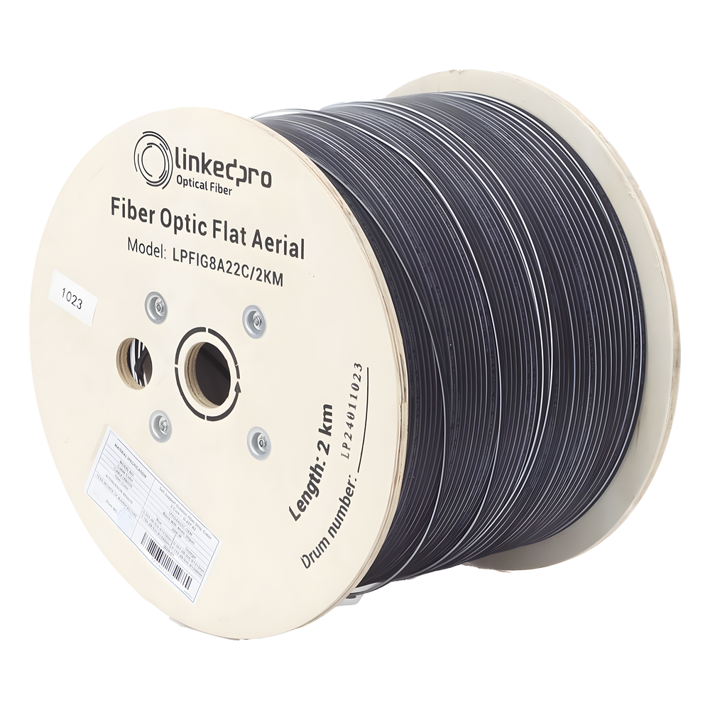 Carrete de 2 Kilómetros (6561.68 Pies) de Fibra Óptica Aérea Mini Figura 8 G.657A2 Tipo Drop Plana, Monomodo de 2 Hilos (Bifibra), Color Negro, (No