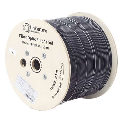 Carrete de 2 Kilómetros (6561.68 Pies) de Fibra Óptica Aérea Mini Figura 8 G.657A2 Tipo Drop Plana, Monomodo de 2 Hilos (Bifibra), Color Negro, (No