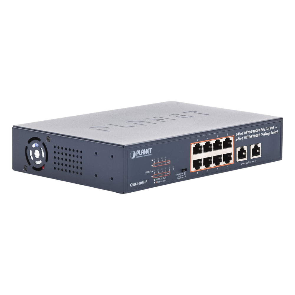 Switch de Escritorio No Administrable / 8 Puertos 10/100/1000T PoE+ 802.3at / 2 Puertos Uplink 10/100/1000T / Presupuesto PoE 120 Watts / Modos