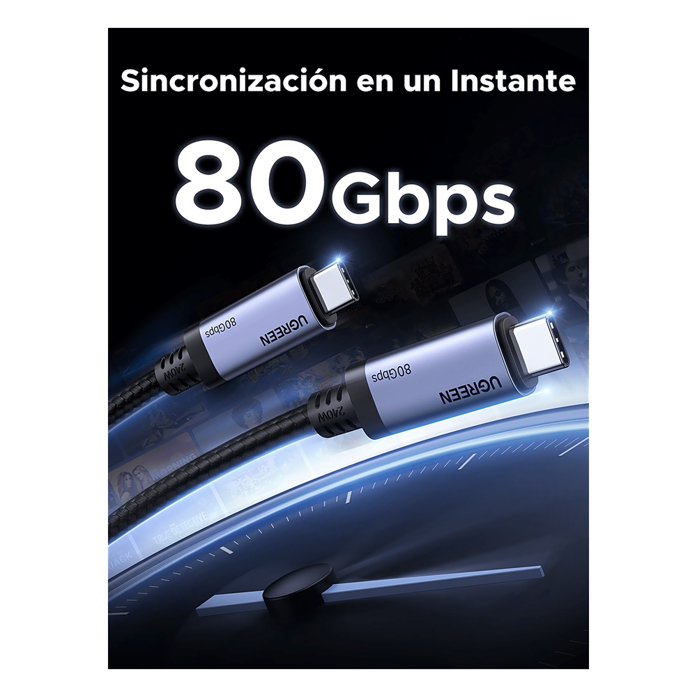 Cable USB-C Thunderbolt 5 / 80 Gbps Bidireccional / 120 Gbps Unidireccional / 1 m (3.28 ft) / 24 Pines / E-Marker IP2133H / 5A Máximo / Aluminio +