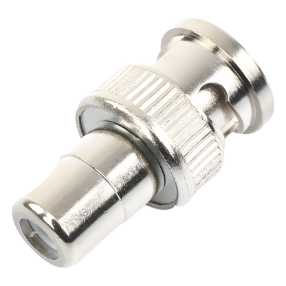 Adaptador en Línea para 75 Ohm, de Conector BNC Macho a RCA Hembra en Aplicaciones de Audio-Video para Cámaras, Monitores y DVR's.
