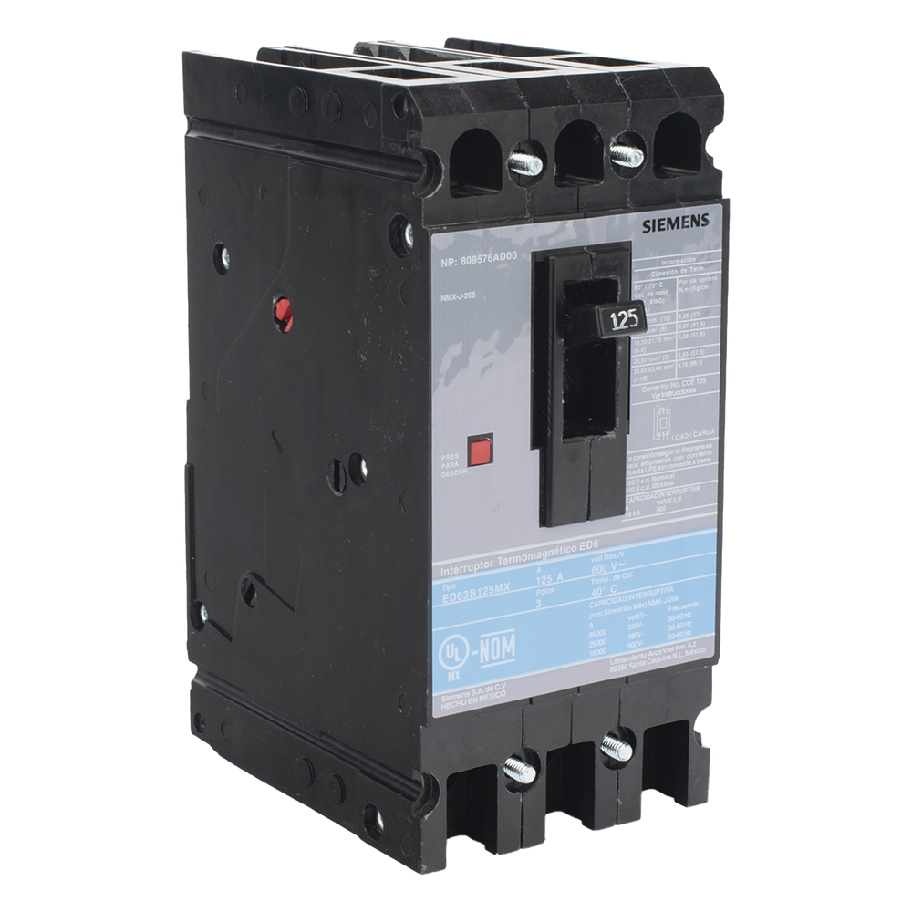 Interruptor Termomagnético ED6 600V 3X125A, Con zapatas principales.