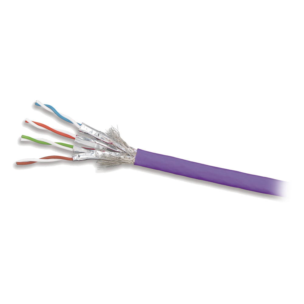 Bobina de Cable Blindado S/FTP de 4 Pares, Cat7A, Inmune a Ruido e Interferencias, LS0H (Bajo Humo, Cero Halógenos), Color Violeta, 305 Metros (1000