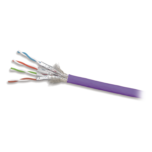 Bobina de Cable Blindado S/FTP de 4 Pares, Cat7A, Inmune a Ruido e Interferencias, LS0H (Bajo Humo, Cero Halógenos), Color Violeta, 305 Metros (1000