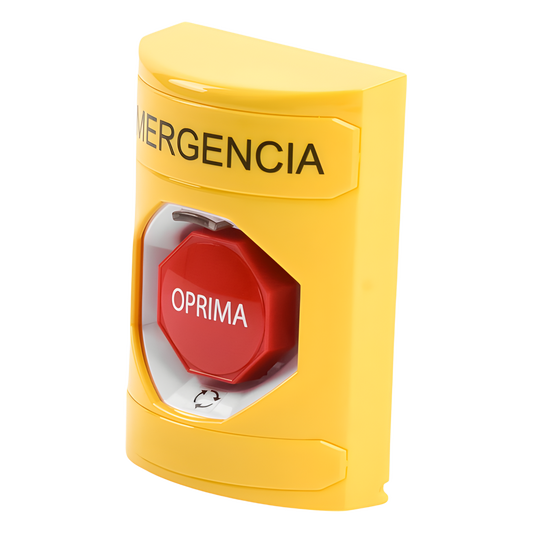 Botón de Emergencia en Español, Color Amarillo, Acción Mantenida, Girar para Restablecer y LED Multicolor