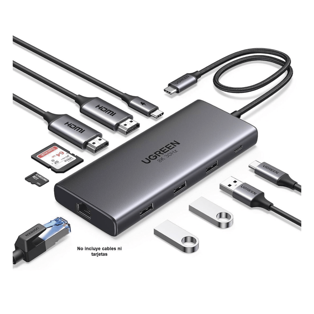 Docking Station USB-C Hub 10 en 1 UGREEN Revodok Pro 210 / Dual HDMI 4K 60Hz y 8K 30Hz / 3 Puertos USB-A + USB-C 3.0 / Carga PD 100W / Ethernet