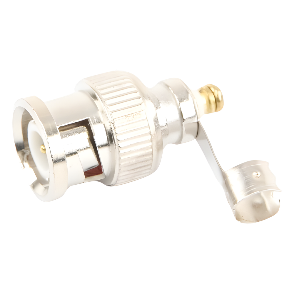 Conector BNC macho en 75 Ohm, para cable coaxial RG-59 / Con base de alivio negra de PVC, Níquel/ Oro/ PTFE