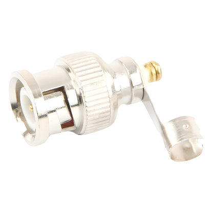 Conector BNC macho en 75 Ohm, para cable coaxial RG-59 / Con base de alivio negra de PVC, Níquel/ Oro/ PTFE