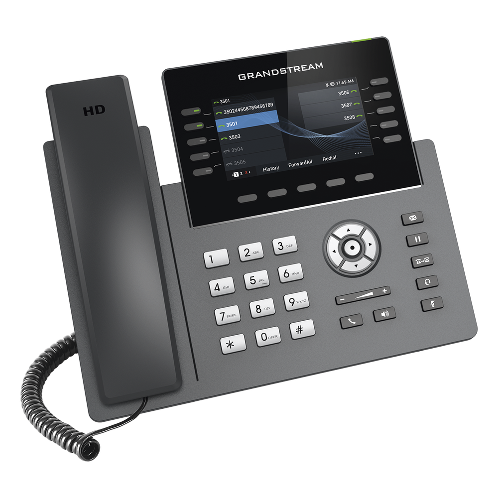 Teléfono IP Wi-Fi, Grado Operador, 10 líneas SIP con 5 cuentas, pantalla a color 4.3", puertos Gigabit, Bluetooth, PoE, codec Opus, IPV4/IPV6 con