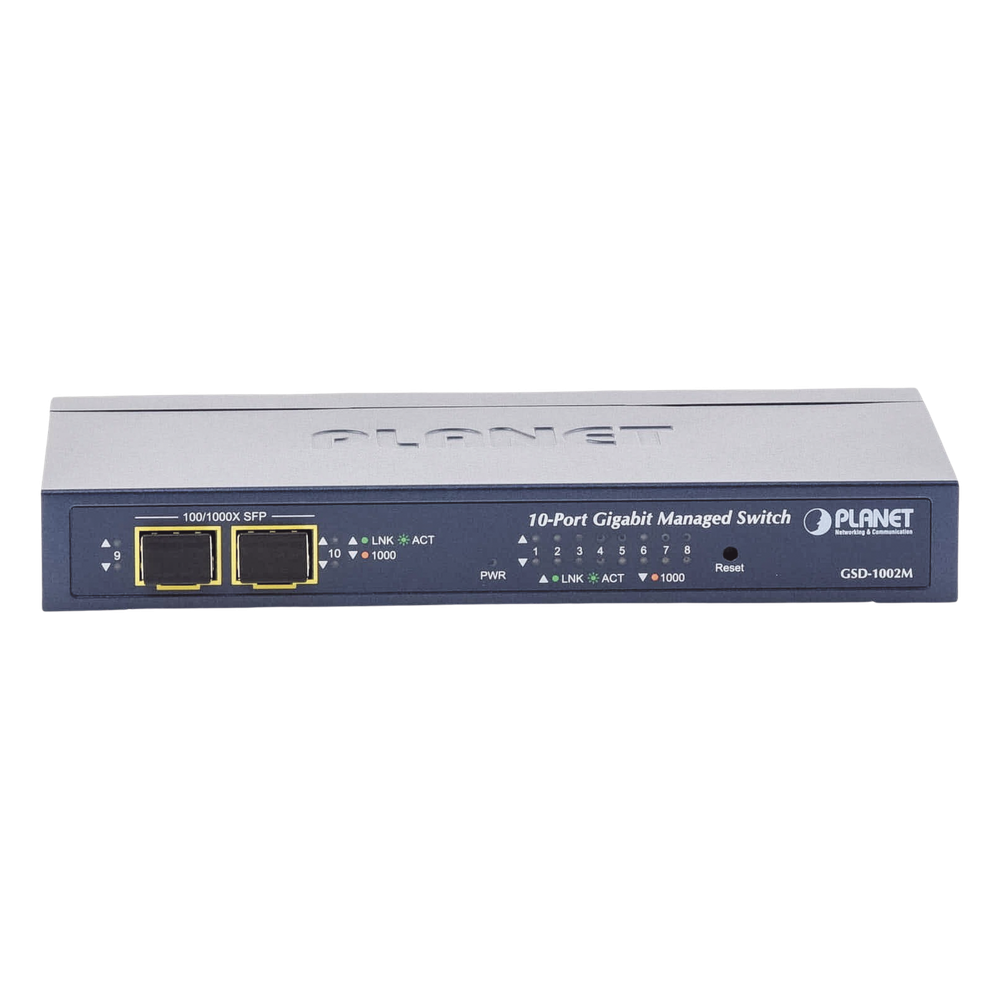 Switch Administrable de Escritorio de 8 Puertos Gigabit/ 2 Puertos SFP / 20 Gbps Switching / PoE In 802.3af/at / Dual Power DC + PoE / VLAN Q-in-Q