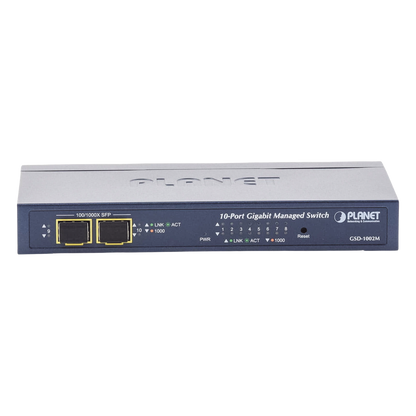 Switch Administrable de Escritorio de 8 Puertos Gigabit/ 2 Puertos SFP / 20 Gbps Switching / PoE In 802.3af/at / Dual Power DC + PoE / VLAN Q-in-Q