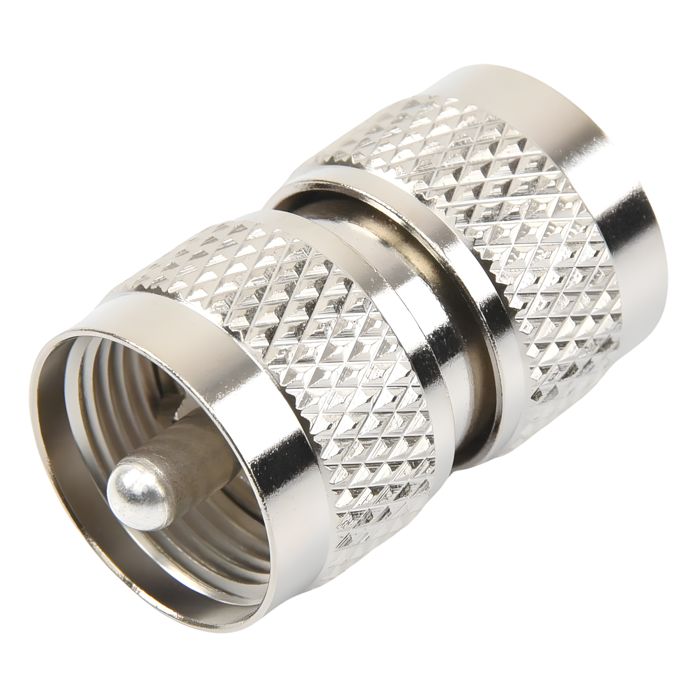 Adaptador RF Barril en Línea / Conector UHF Macho (PL-259) a UHF Macho (PL-259) / Cuerpo Bronce Níquel / Contacto Plata / Aislante Teflón
