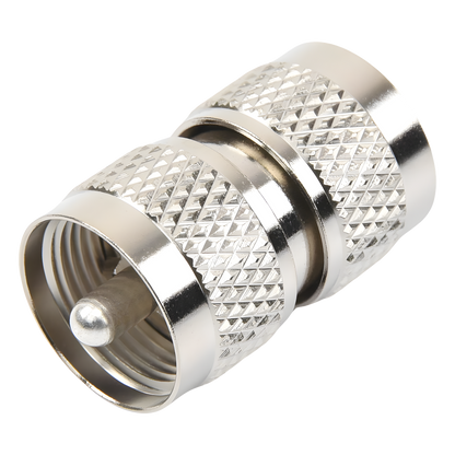 Adaptador RF Barril en Línea / Conector UHF Macho (PL-259) a UHF Macho (PL-259) / Cuerpo Bronce Níquel / Contacto Plata / Aislante Teflón