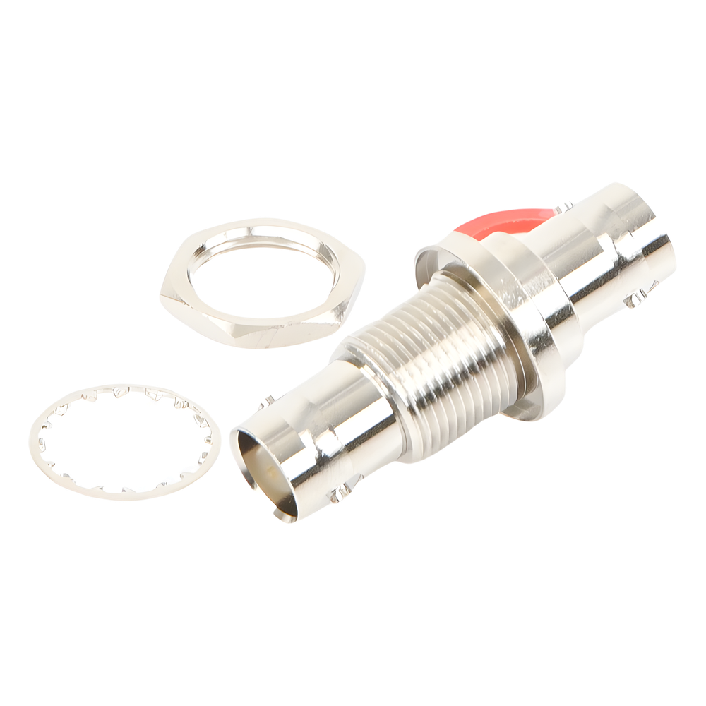 Adaptador Doble BNC Hembra para Chasis, Hermético y de Montaje en D-Plano, Níquel/ Oro/ Delrin