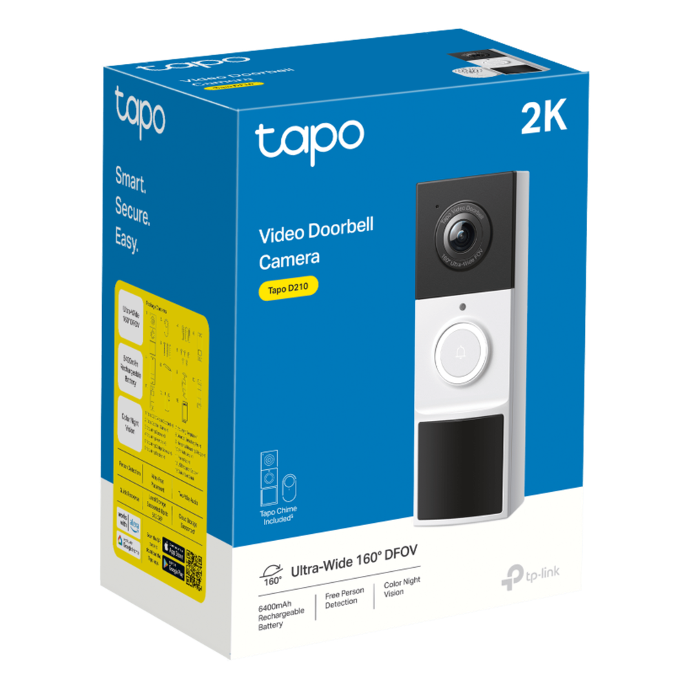 Videoportero Inalámbrico TP-Link Tapo D210 / Resolución 2K 3MP (2304 × 1296px) / Campo de Visión 160° DFOV / Batería 6400mAh Recargable / Detección