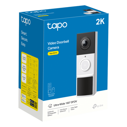 Videoportero Inalámbrico TP-Link Tapo D210 / Resolución 2K 3MP (2304 × 1296px) / Campo de Visión 160° DFOV / Batería 6400mAh Recargable / Detección
