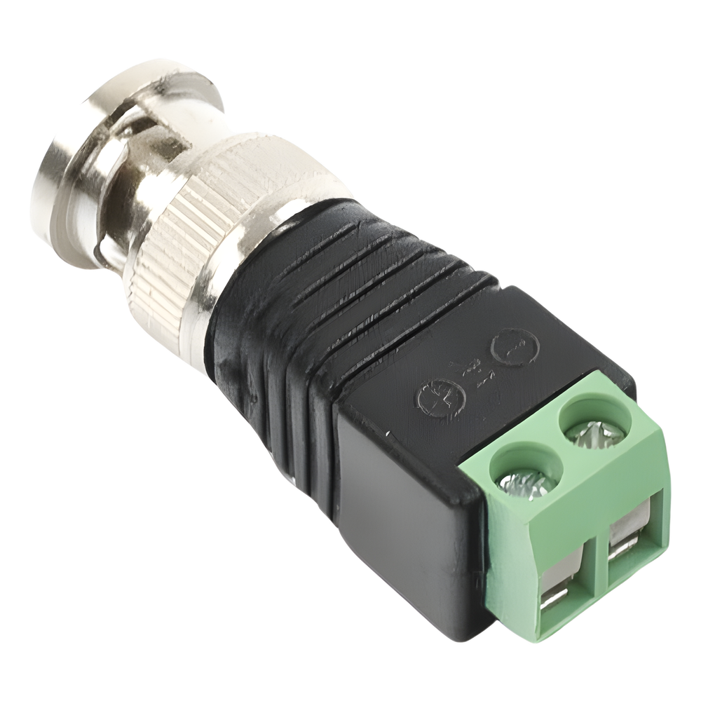 Adaptador de conector BNC macho a 2 terminales-tornillo para cables AWG-26-14, en aplicaciones Video Vigilancia, Níquel/ Oro/ PTFE y PVC.