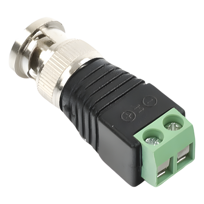 Adaptador de conector BNC macho a 2 terminales-tornillo para cables AWG-26-14, en aplicaciones Video Vigilancia, Níquel/ Oro/ PTFE y PVC.