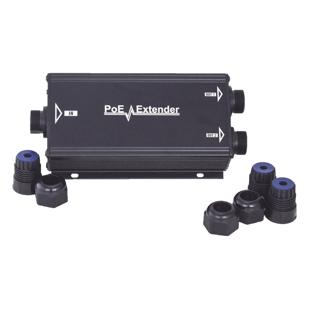 Extensor PoE/ 100 Metros / Intemperie (IP66) / 60 Watts / 1 puerto @ 2 salidas a 30 W / No requiere fuente de alimentación adicional
