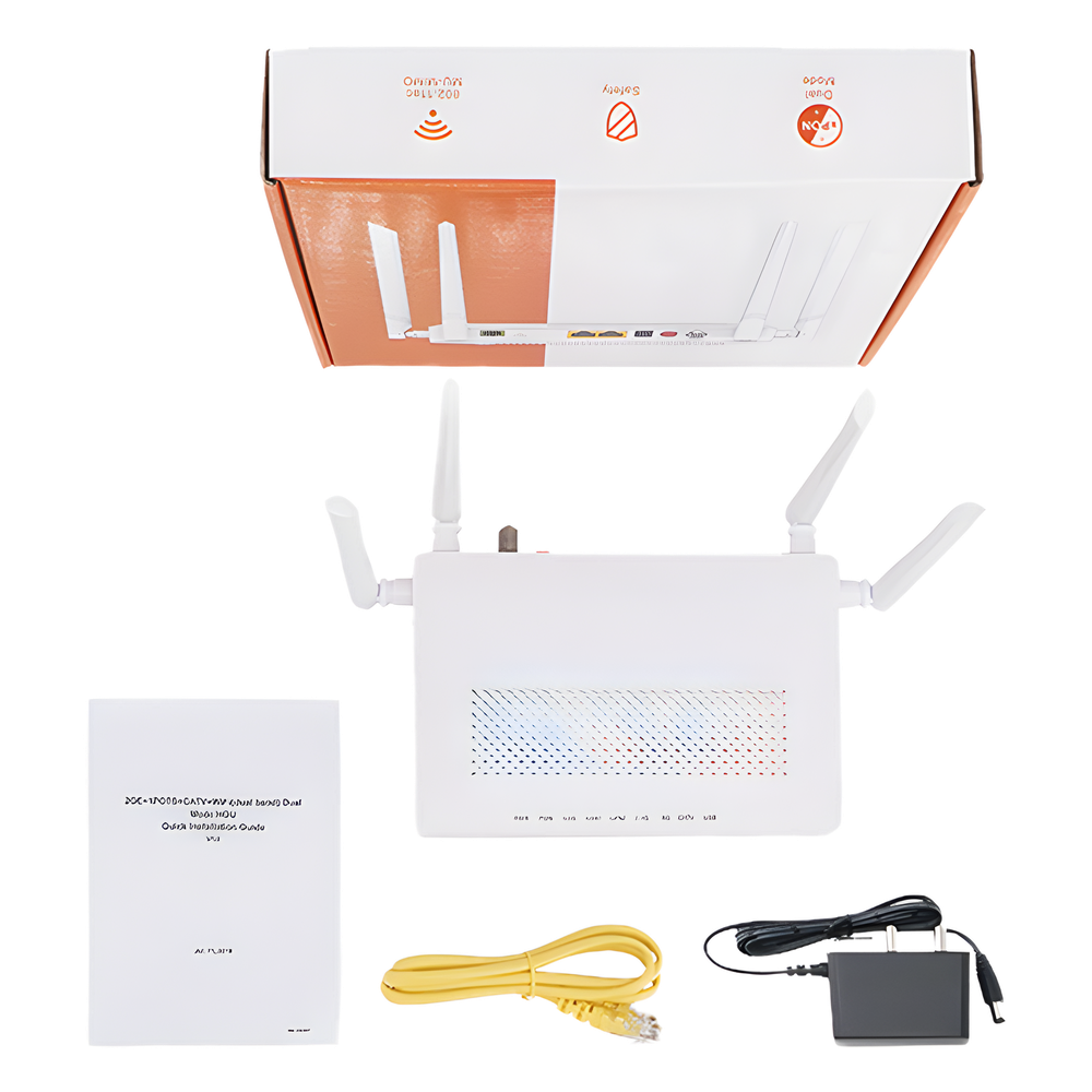 ONU Dual GPON/EPON / Wi-Fi Doble Banda 2.4 y 5 GHz / Soporta MESH / 2 Puertos Gigabit / 1 Puerto PON SC/APC / 1 puerto CATV / Hasta 1200 Mbps vía