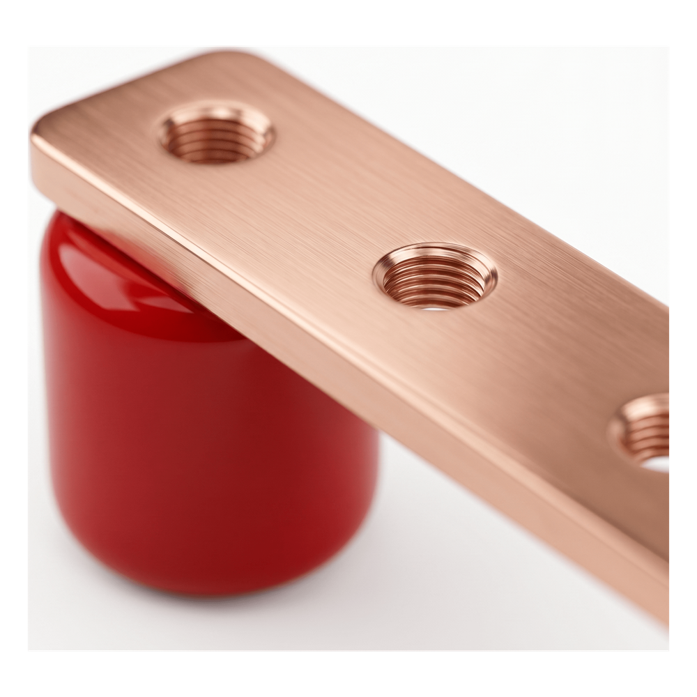 Barra Distribución Tierra Rack 19 in / Cobre 100% / 550A / Aisladores Rojos / 0.64 cm (0.25 in) / J-STD-607-A