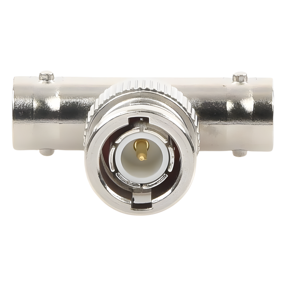 Adaptador en T para 50 Ohm de BNC Macho a Doble BNC Hembra, Troquelado, Níquel/ Oro/ Delrin