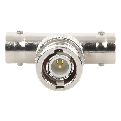 Adaptador en T para 50 Ohm de BNC Macho a Doble BNC Hembra, Troquelado, Níquel/ Oro/ Delrin