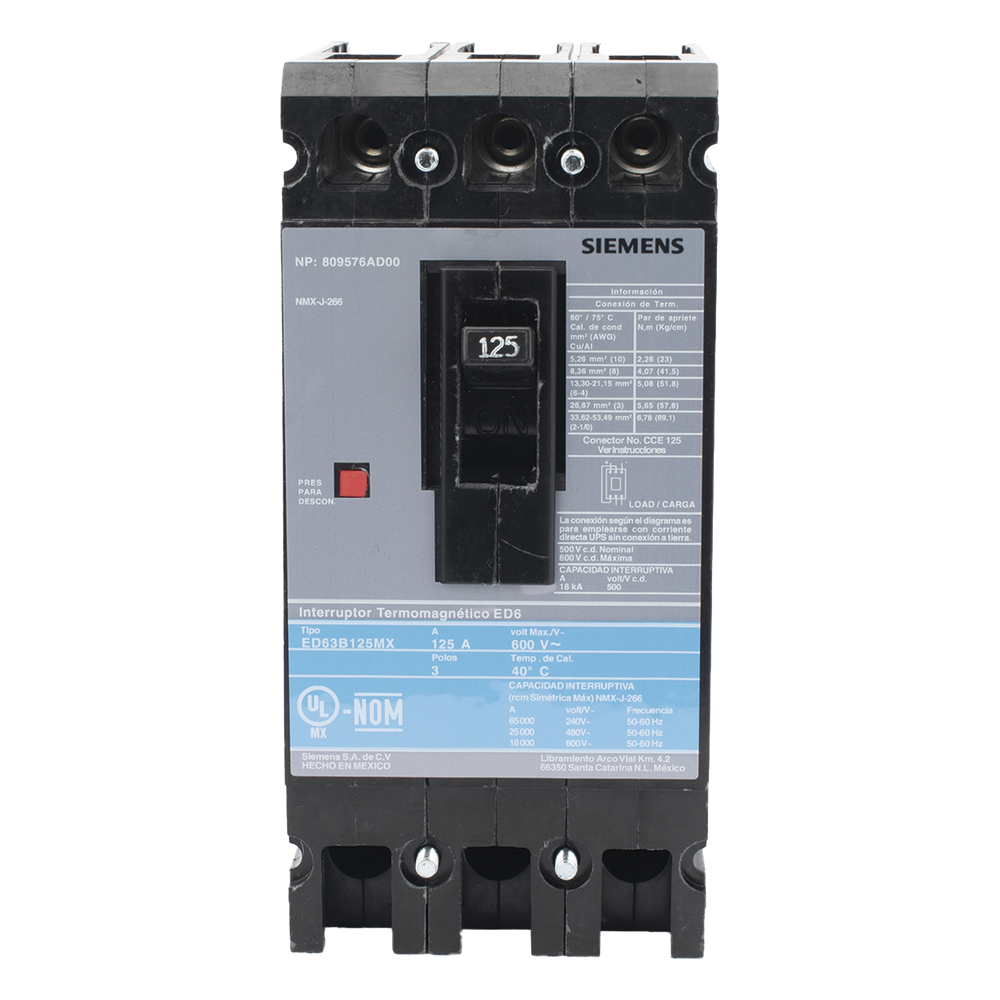 Interruptor Termomagnético ED6 600V 3X125A, Con zapatas principales.