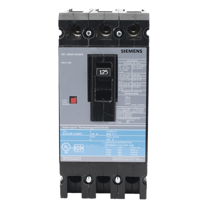 Interruptor Termomagnético ED6 600V 3X125A, Con zapatas principales.