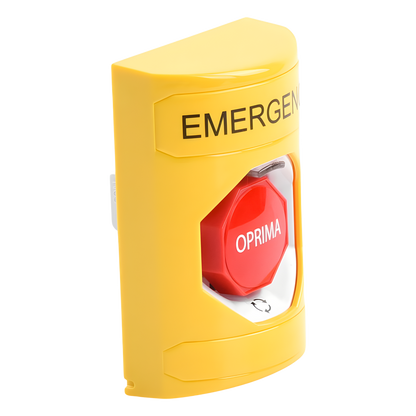Botón de Emergencia en Español, Color Amarillo, Acción Mantenida, Girar para Restablecer y LED Multicolor