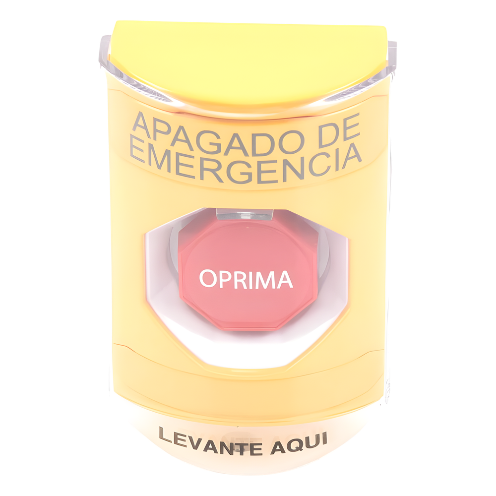 Botón de Apagado de Emergencia, Texto en Español, Tapa Protectora de Policarbonato Súper Resistente, Restablecimiento con Llave