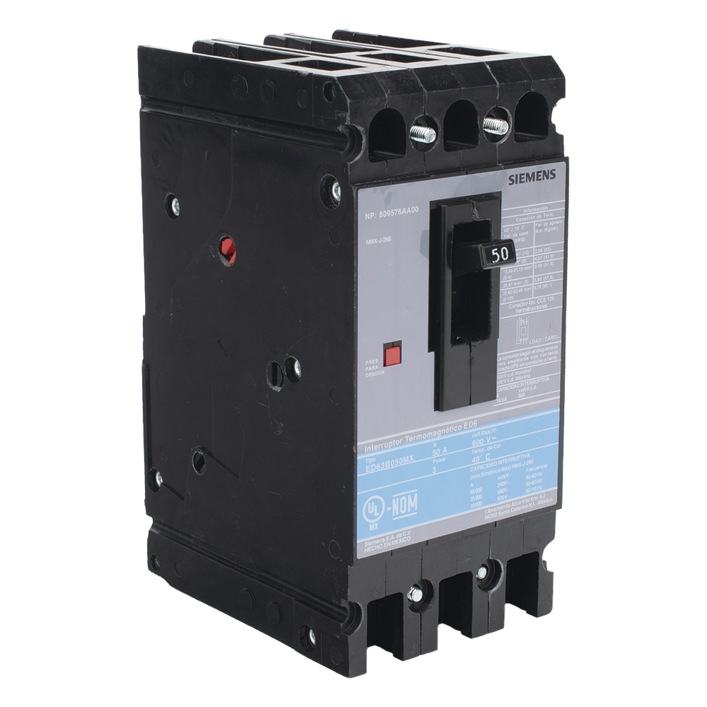 Interruptor Termomagnético ED6 600V 3X50A, Con zapatas principales.