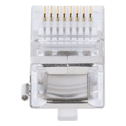 Bote con 100 Piezas de Plug Modular RJ45 Cat5e Blindado, Chapado de Oro a 30 Micras para Durabilidad Extrema con Pin de Tierra