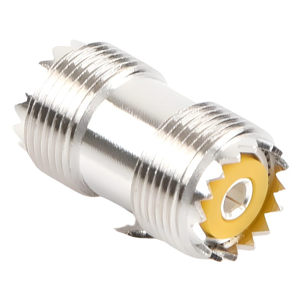 Adaptador Barril en Línea, de Conector UHF Hembra (SO-239) a UHF Hembra (SO-239), Niquel/ Plata/ Dap