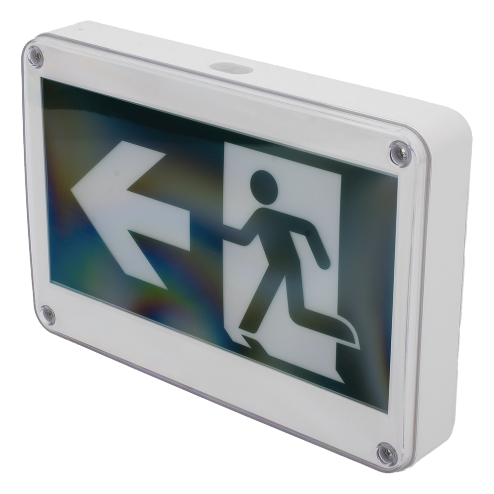 Letrero EXTERIOR de Señalización salida "Hombre Corriendo"/ Alto brillo / Uso en pared, lateral o techo / Batería de Respaldo Incluida con hasta 120