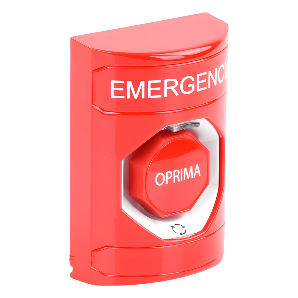 Botón de Emergencia, Texto en Español, Color Rojo, Acción Mantenida, Girar para Restablecer y LED Multicolor
