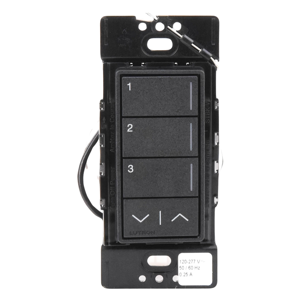 Teclado de escenas Sunnata de 3 botones con funciones de subir y bajar, comunicación inalámbrica Clear Connect, 120-277 V, satinado color Medianoche
