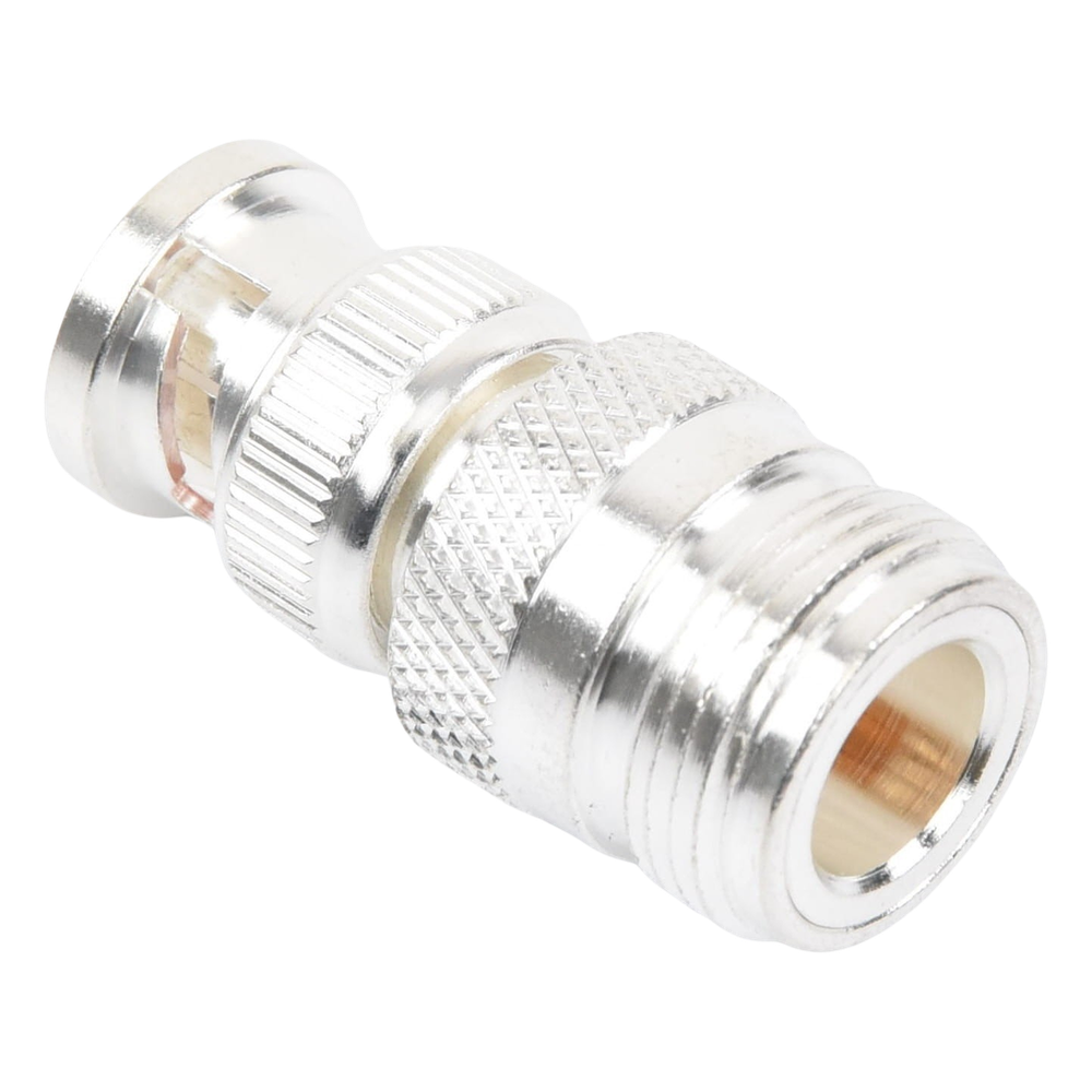 Adaptador en Linea para 50 Ohm, de Conector N Hembra a BNC Macho, Plata /Oro /Teflón