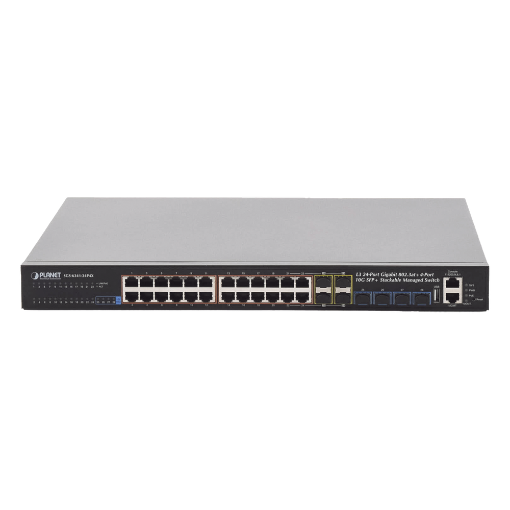 Switch Administrable Stacking Capa 3, 24 Puertos PoE 802.3af/at 10/100/1000T, Hasta 370 W, 4 Puertos 10G SFP+