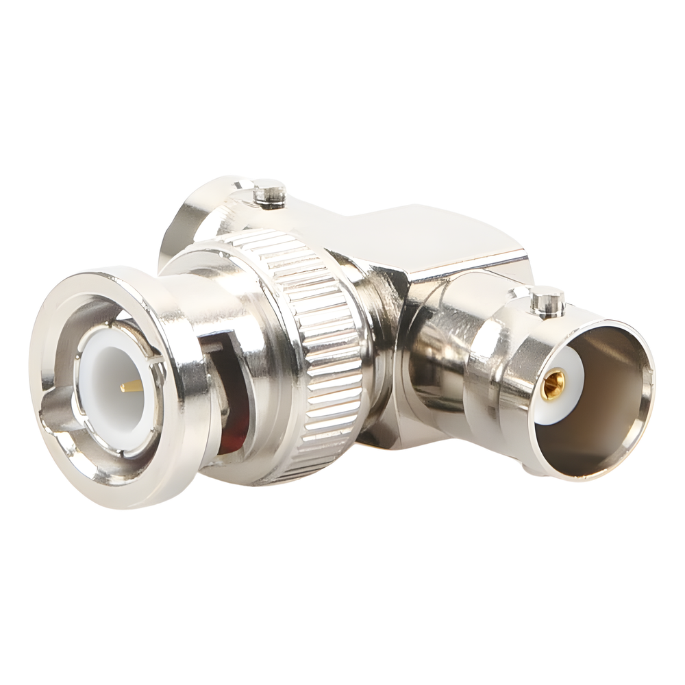 Adaptador en T para 50 Ohm de BNC Macho a Doble BNC Hembra, Maquinado, Níquel/ Oro/ Teflón