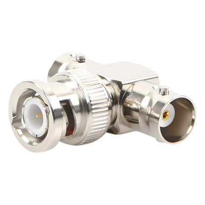 Adaptador en T para 50 Ohm de BNC Macho a Doble BNC Hembra, Maquinado, Níquel/ Oro/ Teflón