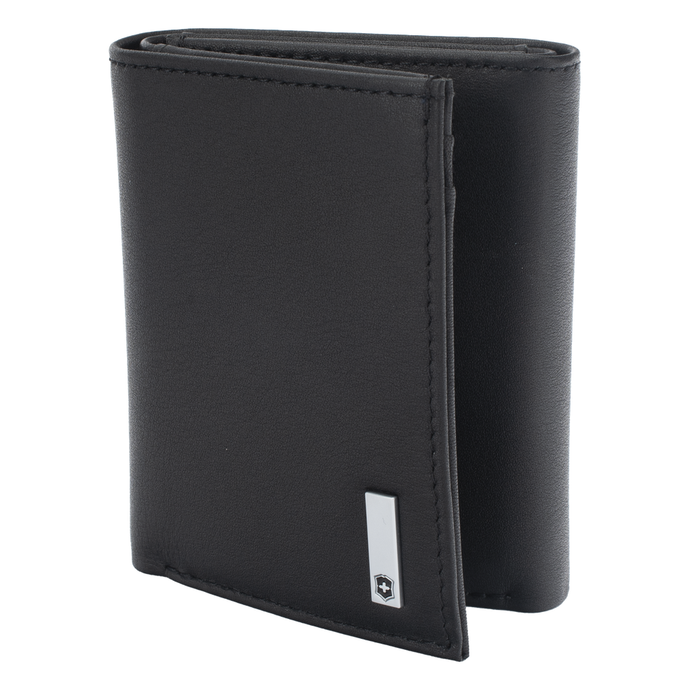 Cartera Athens Negra de Piel con Compartimento de Micromalla para ID. Doblable en 3 Partes con Divisor de Billetes. Pocket Wallet