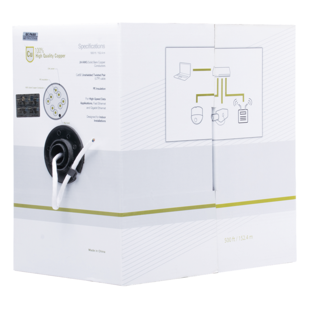 Cable Cat5e de Alto Rendimiento Certificaciones ETL, UL, de 152.5 Metros (500 Pies) de Color Blanco, para Aplicaciones en Video Vigilancia, Redes de