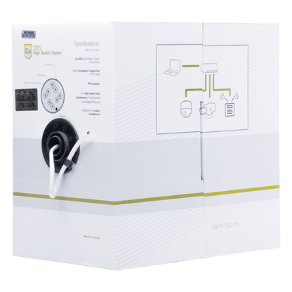 Cable Cat5e de Alto Rendimiento Certificaciones ETL, UL, de 152.5 Metros (500 Pies) de Color Blanco, para Aplicaciones en Video Vigilancia, Redes de