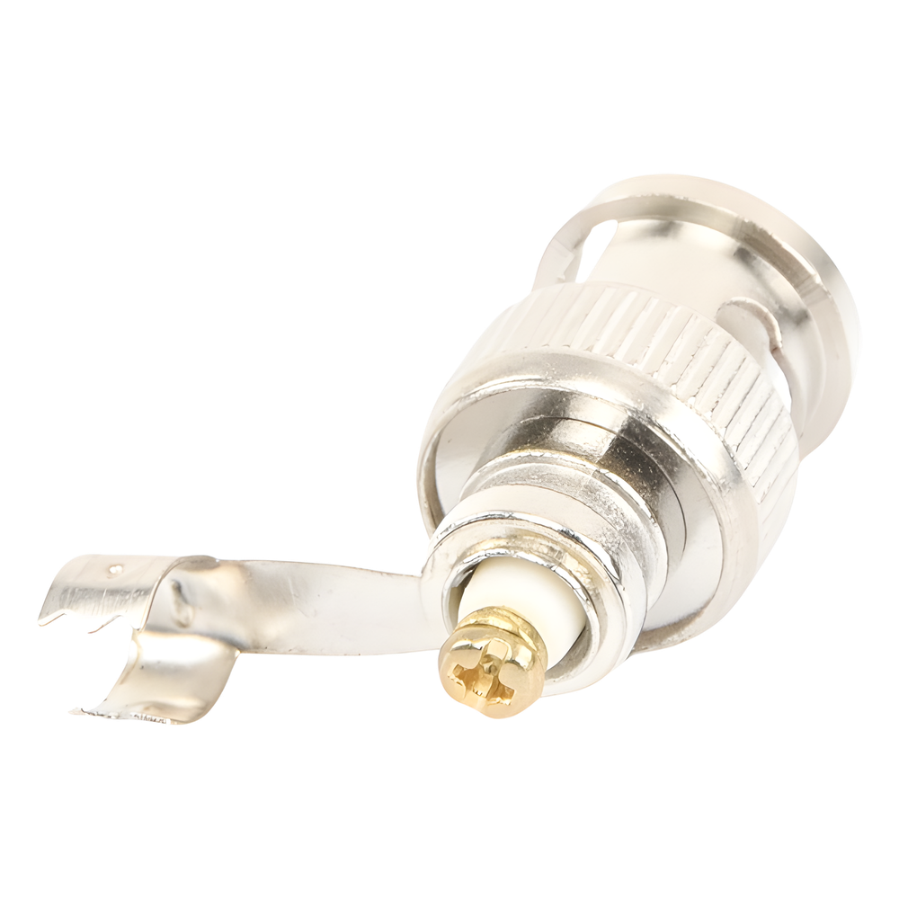 Conector BNC macho en 75 Ohm, para cable coaxial RG-59 / Con base de alivio negra de PVC, Níquel/ Oro/ PTFE