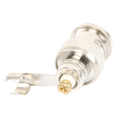 Conector BNC macho en 75 Ohm, para cable coaxial RG-59 / Con base de alivio negra de PVC, Níquel/ Oro/ PTFE