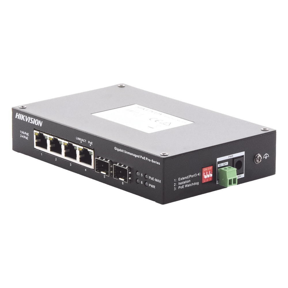 Switch Industrial No Administrable Gigabit / 3 Puertos Gigabit PoE+ (30 W) + 1 Puerto Gigabit PoE++ (60 W) / 2 Puertos SFP / 65 W Total / 48 a 57 VCD