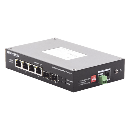 Switch Industrial No Administrable Gigabit / 3 Puertos Gigabit PoE+ (30 W) + 1 Puerto Gigabit PoE++ (60 W) / 2 Puertos SFP / 65 W Total / 48 a 57 VCD